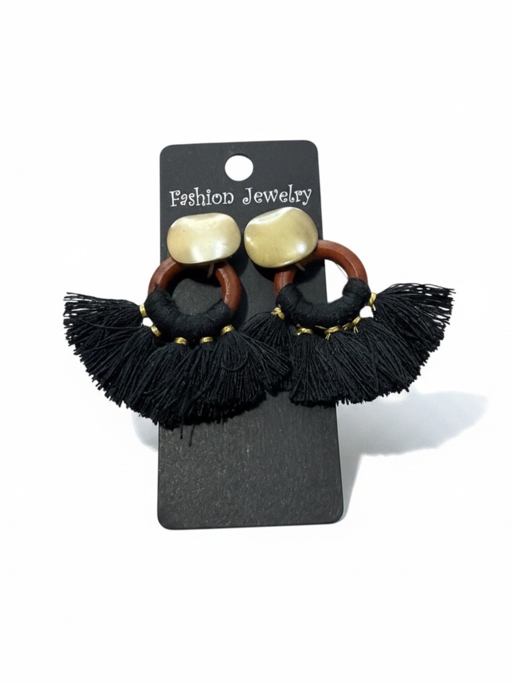 Black Tassel Hoop Drop Earrings with Gold Accent